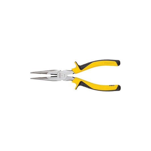STANLEY 84-625LA long nose pliers with yellow and black handle, side view on white background.
