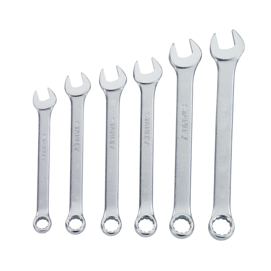 Stanley combination wrench set, six silver wrenches in ascending size, top-down angle on white background