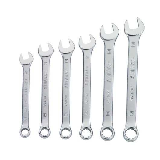 STANLEY 85-928 combination wrench set, 6 silver wrenches aligned in size order, front angle, white background.