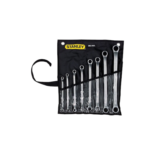 STANLEY 86-091 wrench set in black roll-up pouch, front angle, showing assorted sizes on white background.