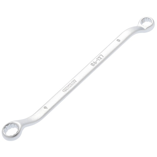 Photo of STANLEY 86-127 double box-end wrench, silver, product category photography, top angle.
