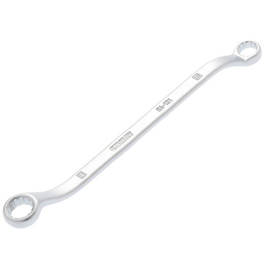 STANLEY 86-131 double box end wrench, silver, angled view, two different sized ends, white background.