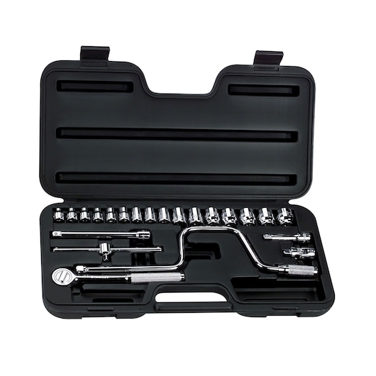 STANLEY 86-209 socket wrench set in black plastic case, top-down angle, chrome tools organized inside.