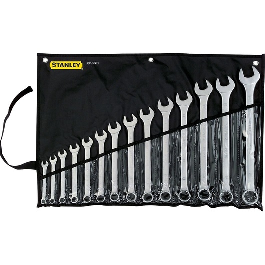 STANLEY 86-970 wrench set photography, silver wrenches in black roll-up pouch, front angle.