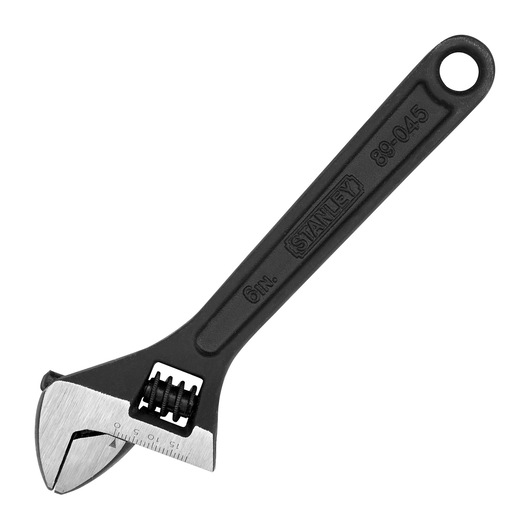 Photo of STANLEY 89-045LA adjustable wrench, black handle, silver jaw, product shown at angled view on white background.