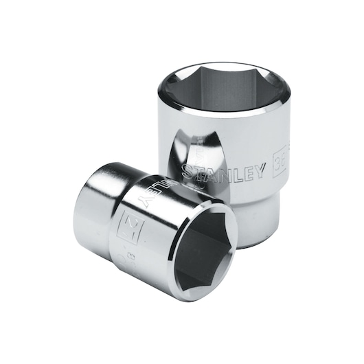 Photo of STANLEY 89-319 chrome socket set, two hexagonal sockets on white background, tool accessory.