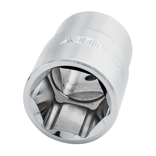 STANLEY 89-328 chrome socket, six-point design, close-up angle on white background, hand tool accessory.