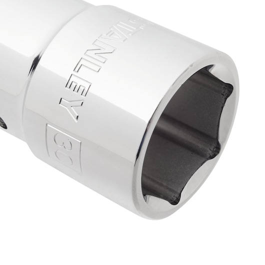 STANLEY 89-330 chrome socket close-up showing six-point opening, side angle on white background.