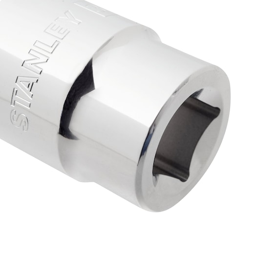 STANLEY 89-330 chrome socket from side angle, engraving visible on shiny silver metal finish.