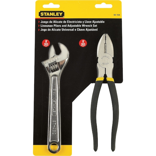 Stanley 90-164 pliers and adjustable wrench set, photography front angle, black and yellow packaging.