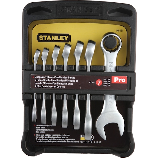 STANLEY 90-651 7-piece stubby combination wrench set in plastic holder, front angle, satin finish.