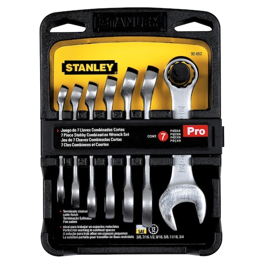 STANLEY 90-652 7 piece stubby combination wrench set in black and yellow plastic holder, front view.