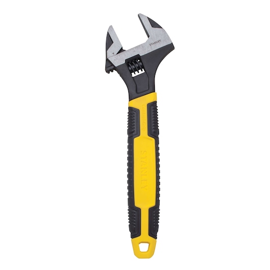 Stanley adjustable wrench front view with yellow and black ergonomic handle on white background
