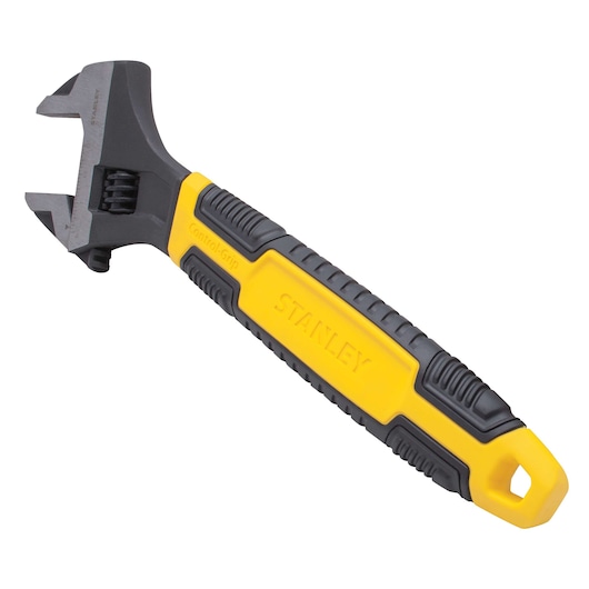 Stanley adjustable wrench with yellow and black Control-Grip handle, angled on white background