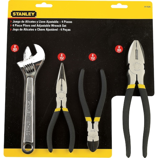 STANLEY 91-526 pliers and adjustable wrench set, 4-piece, front view on retail packaging.
