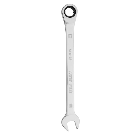 STANLEY 91-979 combination ratcheting wrench, chrome finish, open and box ends, top view on white background.