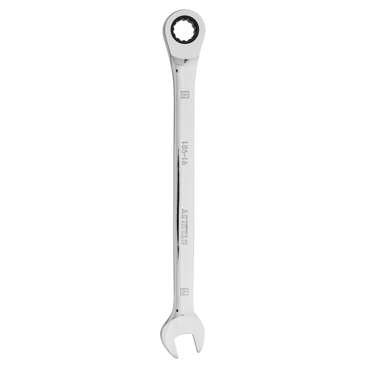Photo of STANLEY 91-981LA ratcheting combination wrench, chrome finish, tool shown flat on white background.