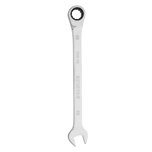 STANLEY 91-983 ratcheting combination wrench, chrome finish, product top view on white background.