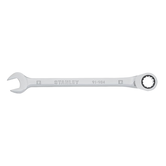 STANLEY 91-984 combination wrench, chrome finish, open end and box end, product side view.