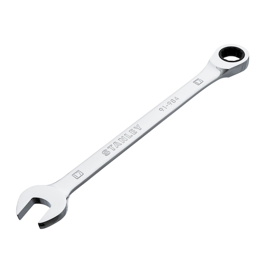 STANLEY 91-984 combination wrench with open and ratcheting box end, silver finish, angled on white background.