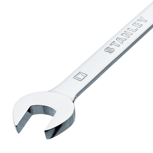 Photo of STANLEY 91-984 open-end wrench, chrome finish, angled view on white background.