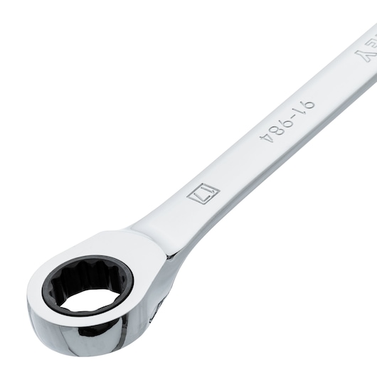STANLEY 91-984 ratcheting wrench, chrome finish, close-up angled photo on white background.