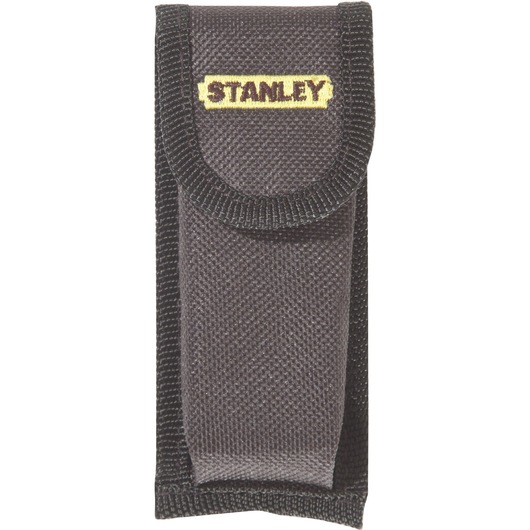 STANLEY 92-841 black fabric tool pouch, front angle, with yellow STANLEY logo on flap.