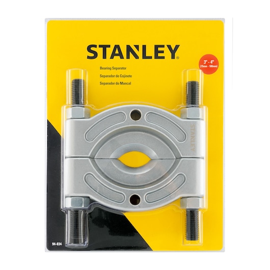 Photo of STANLEY 94-834 bearing separator in silver, packaged on yellow and black card, front angle.