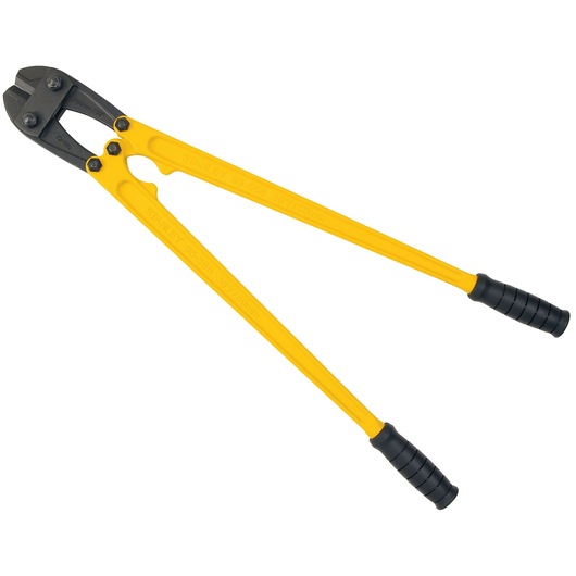 STANLEY 95-566 bolt cutter with yellow handles and black grips, photographed on white background.