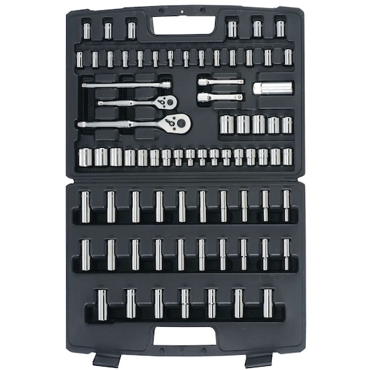 STANLEY 96-010 socket and ratchet set in black hard case, top-down photo, chrome tools organized in molded slots.