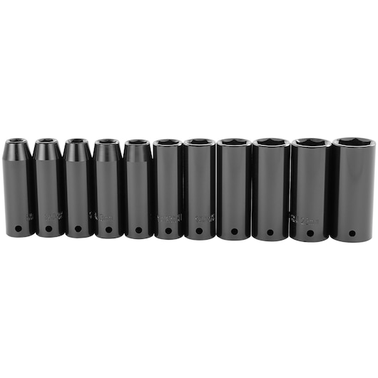 Stanley deep socket set, ten pieces, black chrome finish, front angle on white background