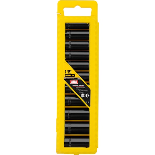 Front view photo of STANLEY 97-126 11-piece deep impact socket set in yellow packaging.