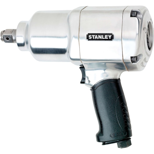 Stanley 97-134LA pneumatic impact wrench with silver metal body and black handle, side view on white background.