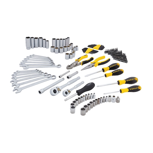 Stanley tool set, white background, showing wrenches, pliers, screwdrivers, sockets, and bit accessories