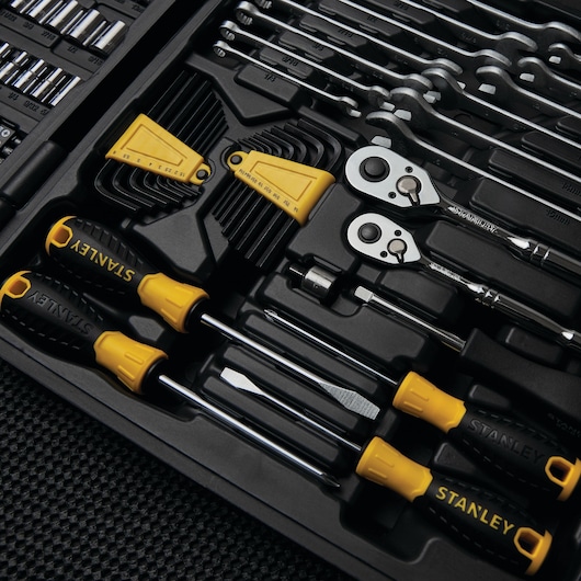 Photo of STANLEY SKU 97-543 hand tool set with screwdrivers, ratchets, wrenches, and hex keys in black case.