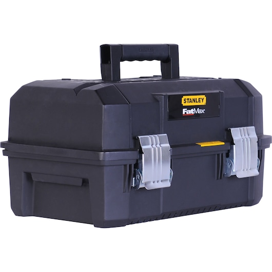 Stanley FMST18001 black FatMax toolbox, front angle, with metal latches and top handle.