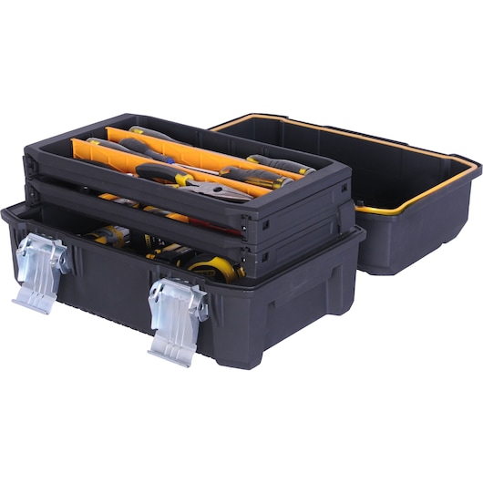 STANLEY FMST18001 black plastic tool box with metal latches, open showing tools and yellow dividers, angled view.