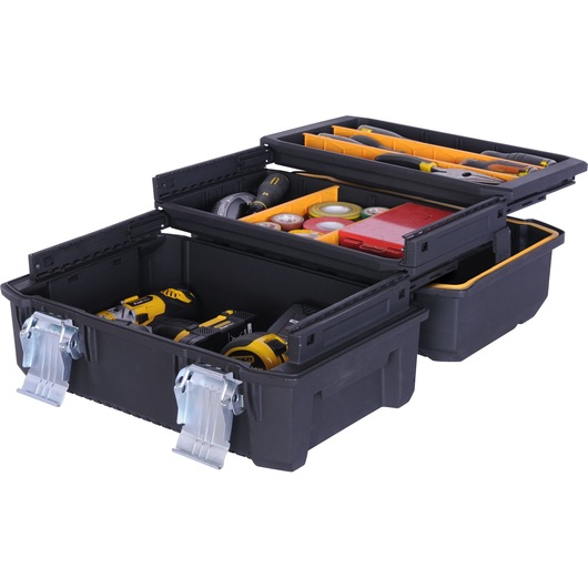STANLEY FMST18001 tool box with trays and compartments, black, shown open with assorted tools and accessories.