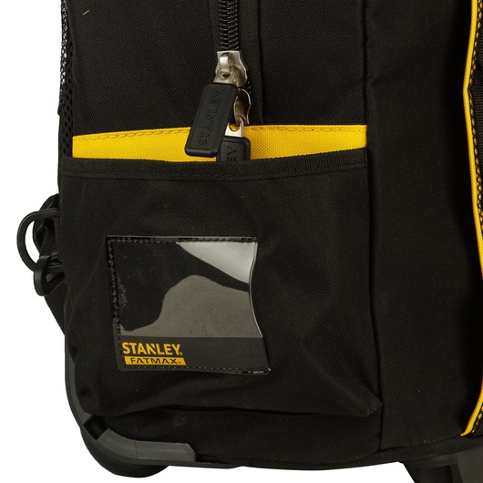 Stanley FMST514196 tool bag close-up, black fabric with yellow accents, front pocket and zipper detail.