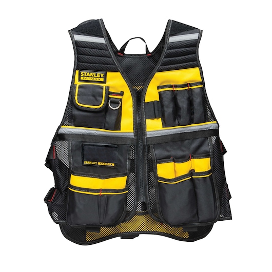 STANLEY FMST530201 tool vest with multiple black and yellow pockets, front view, photography of product.