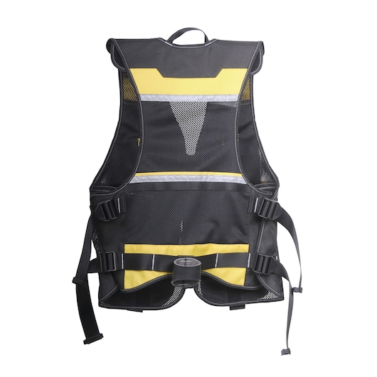 STANLEY FMST530201 mesh work vest, black and yellow, rear angle on white background.