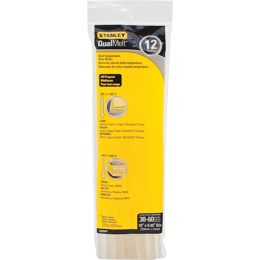 STANLEY DualMelt GS25DT dual temperature glue sticks, 12 pack, clear sticks in sealed plastic packaging, front view.