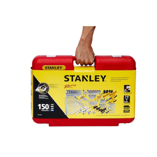 Photo of STANLEY R99-150LA mechanic tool set case with 150 pieces, red and yellow, shown from front angle.