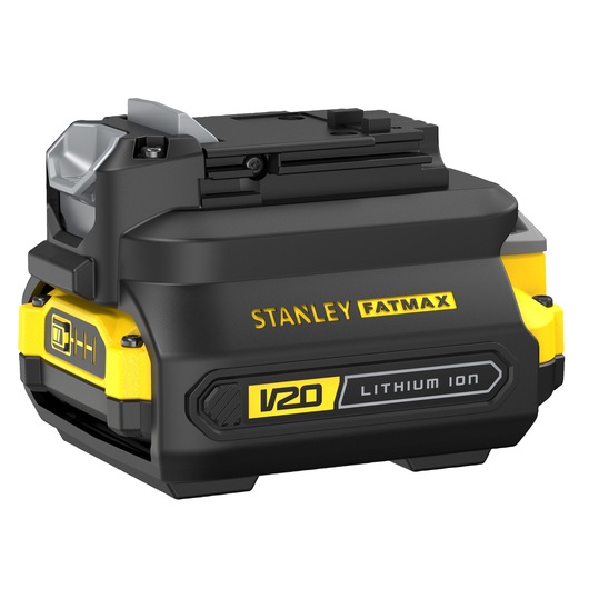 STANLEY FATMAX SBA100 V20 lithium ion battery, black and yellow, product angle on white background.