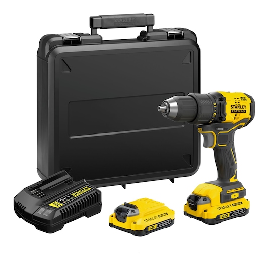 STANLEY SBD710C2K cordless drill kit with two batteries, charger, and black carrying case, front angle.