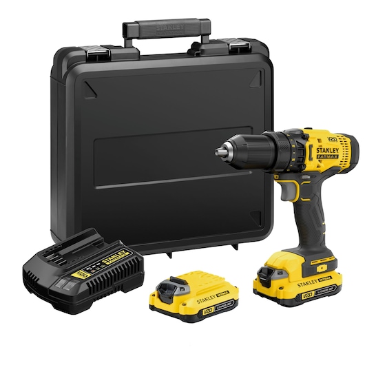 STANLEY SCD700C2K-B3 cordless drill kit with case, charger, and two yellow batteries, front angle.