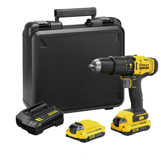 Stanley SCD711C2K-AR cordless drill with battery, charger, extra battery, and hard carrying case, front angle.
