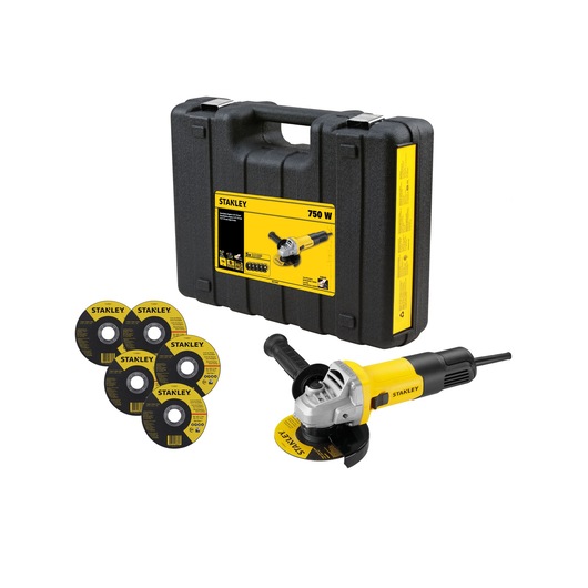 STANLEY SG7115KD angle grinder set with yellow and black grinder, five discs, and carrying case, front view.