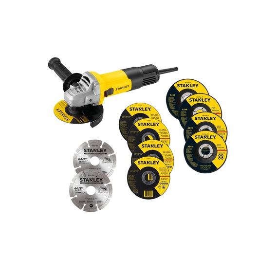 STANLEY SG7115V10 angle grinder with side handle and multiple cutting and grinding discs, front angle on white background.