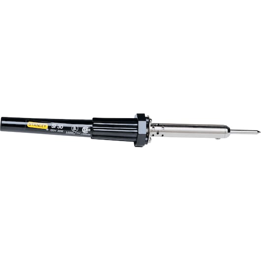 Photo of STANLEY SI30 black soldering iron, straight angle, showing metal tip and plastic handle.